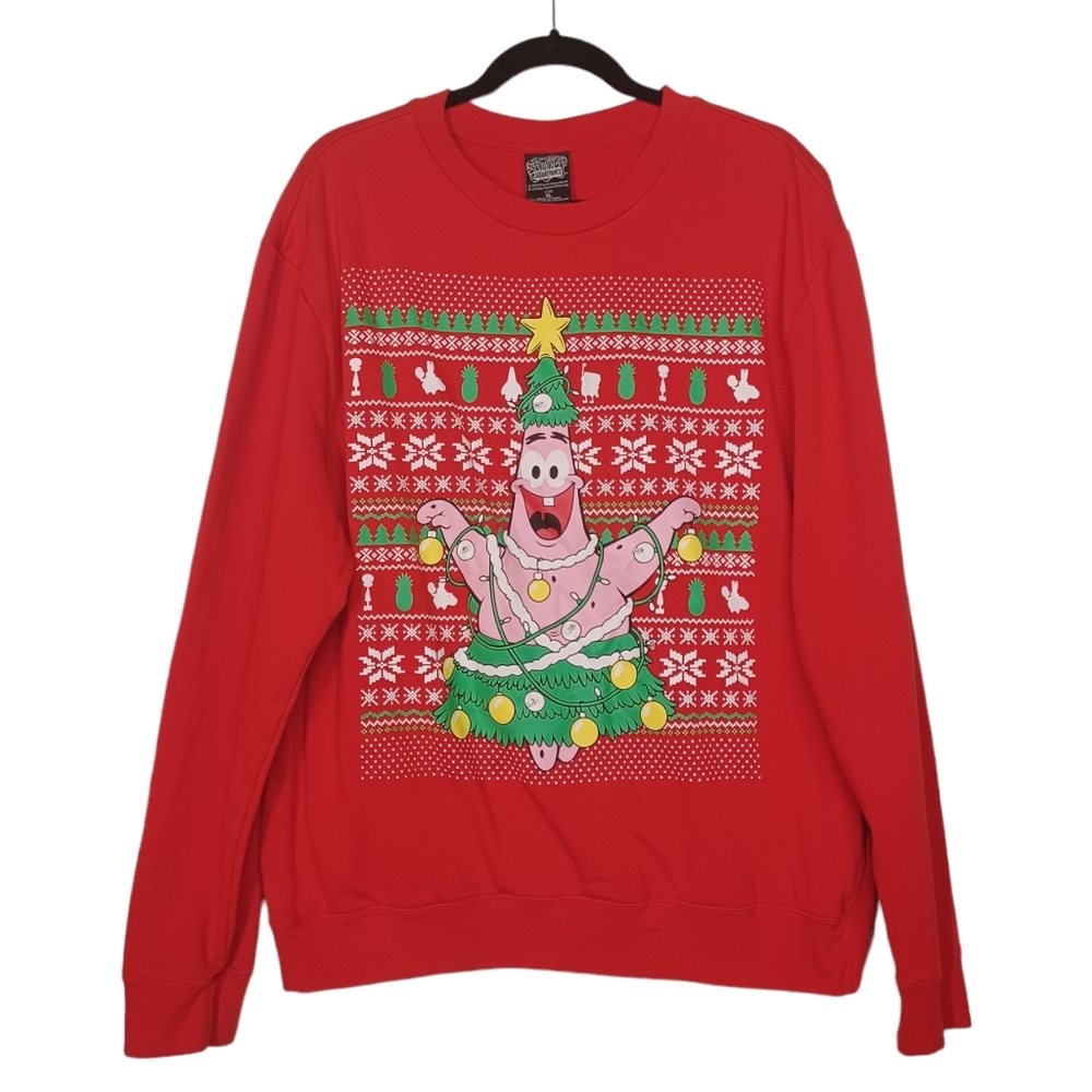 SPONGEBOB Patrick Star "Christmas Tree" Long Sleeve Red Holiday Crewneck Sweater